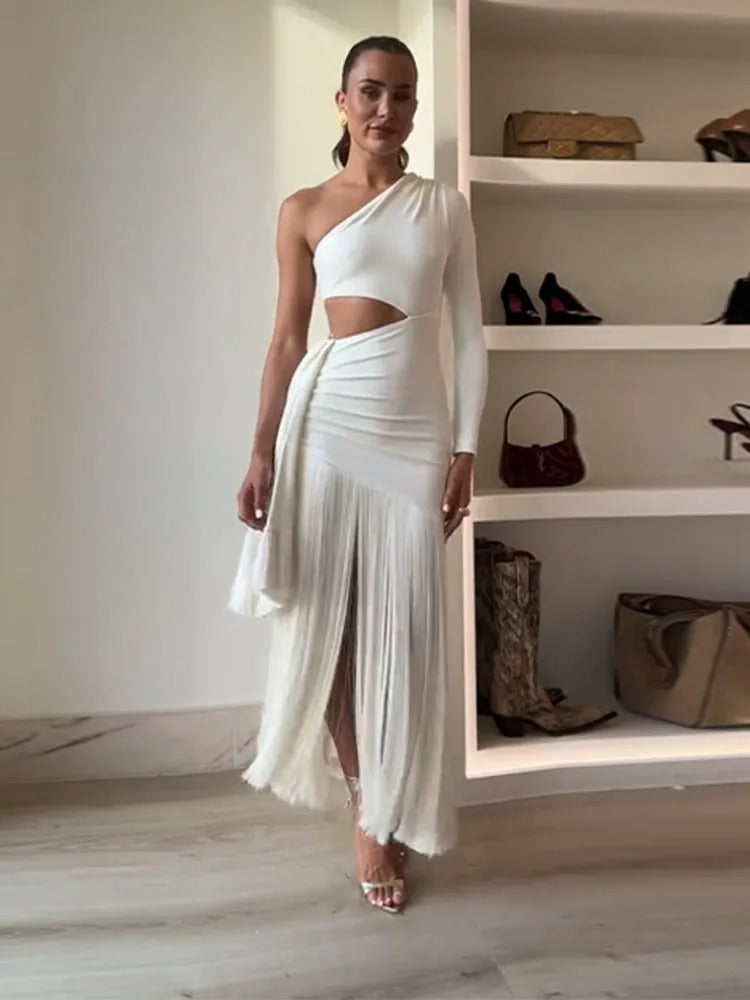 Vestido Ombro Só com Franjas Élan