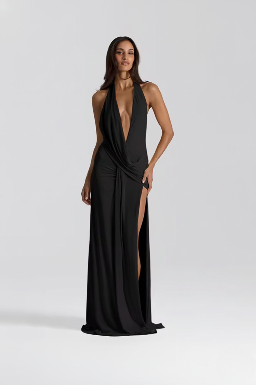 Vestido Longo Amarelo Decote Profundo Halter Letícia