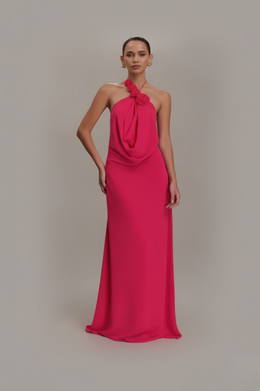 Vestido Longo Rosa Halter Drapeado Amélia