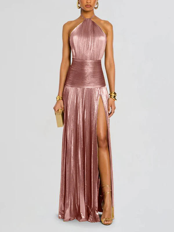 vestido longo feminino, vestido halter, vestido acetinado, vestido com fenda, vestido de festa, vestido elegante, vestido para casamento, vestido para formatura, vestido de gala, vestido rose
