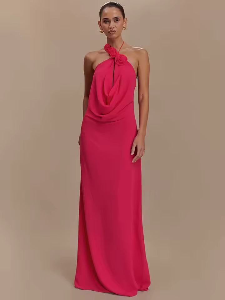 Vestido Longo Rosa Halter Drapeado Amélia