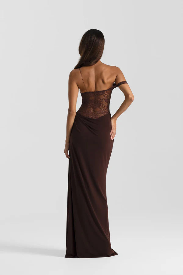 Vestido Longo Assimétrico Marrom Renda Loane