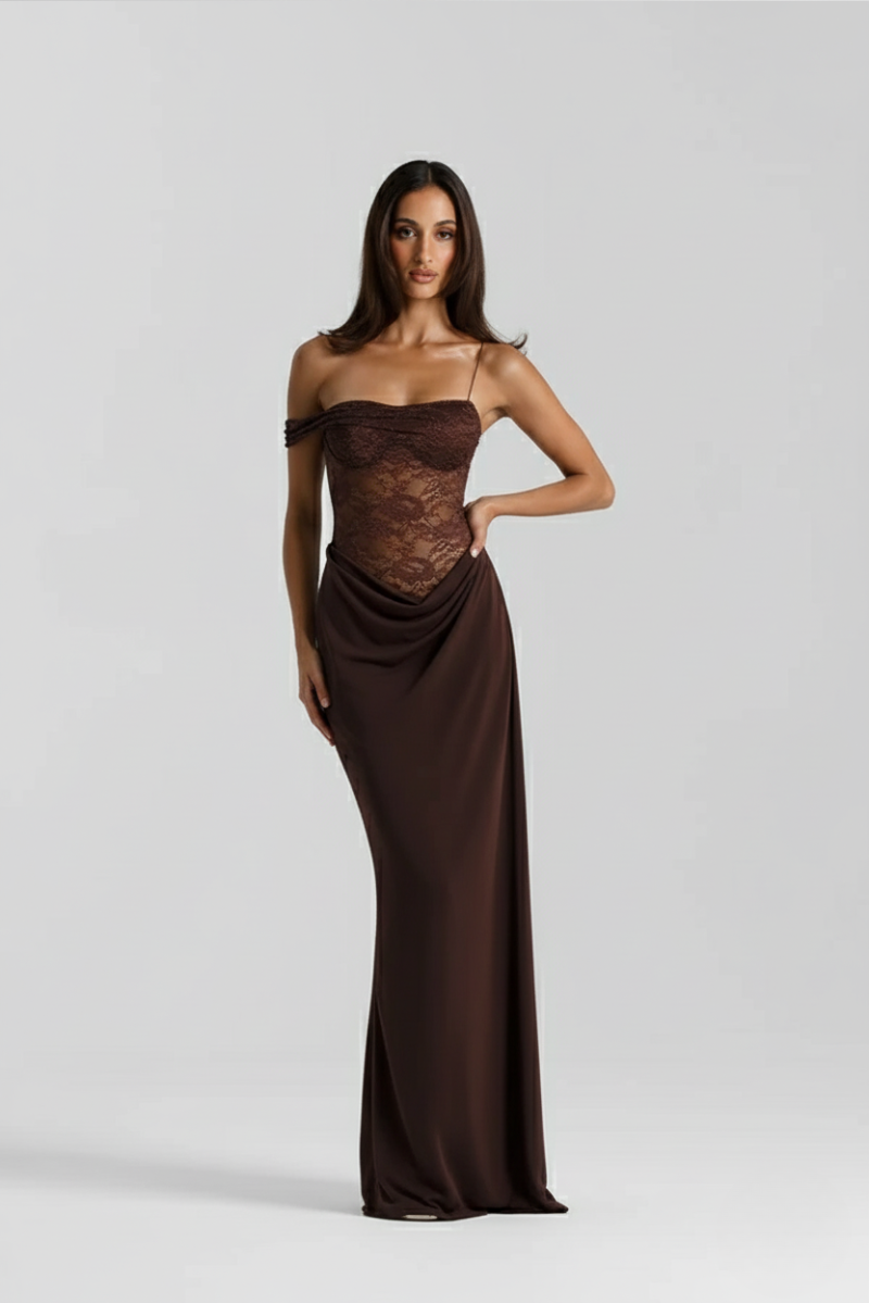 Vestido Longo Assimétrico Marrom Renda Loane