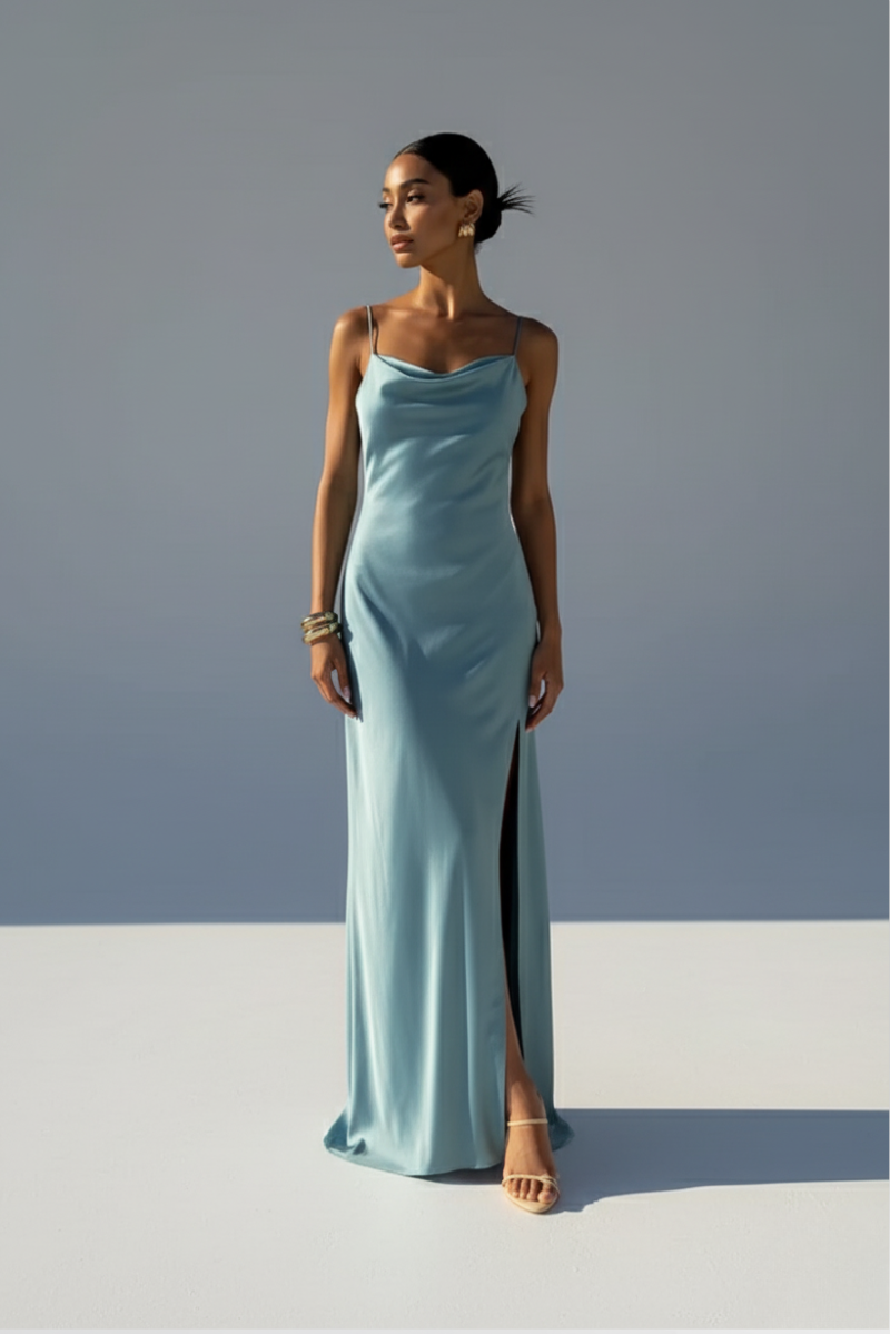 Vestido Longo Azul Acetinado Alça Fina Paloma