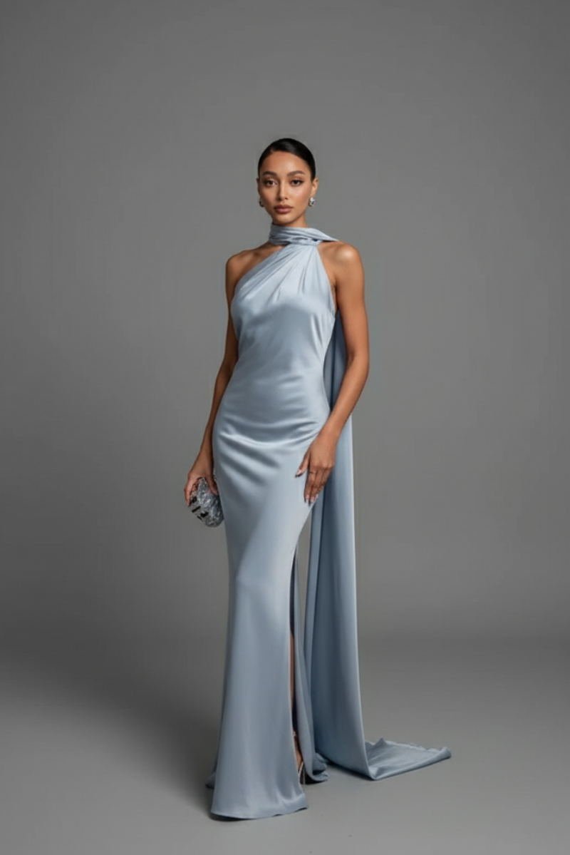 Vestido Longo Azul Acetinado Um Ombro Só Rebeca