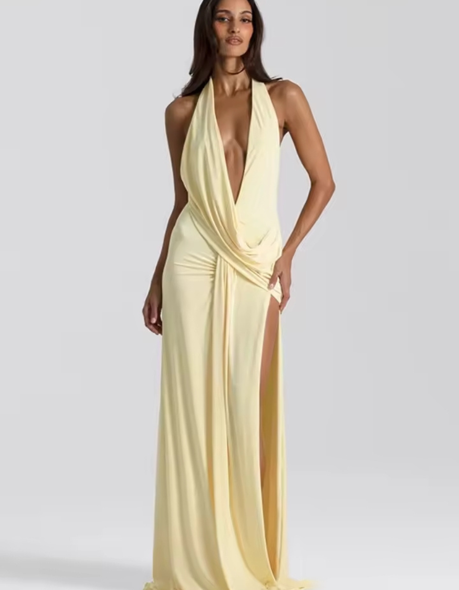 Vestido Longo Amarelo Decote Profundo Halter Letícia