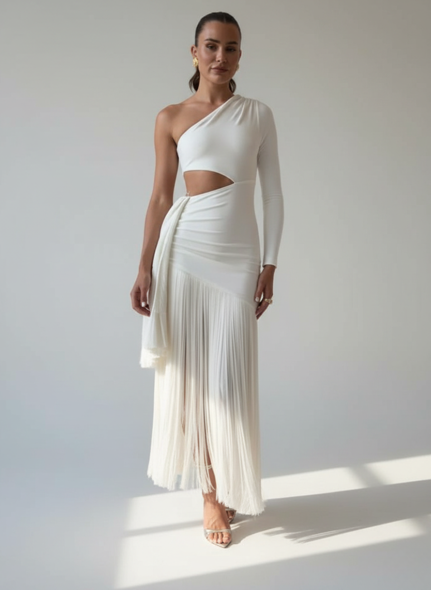 Vestido Ombro Só com Franjas Élan