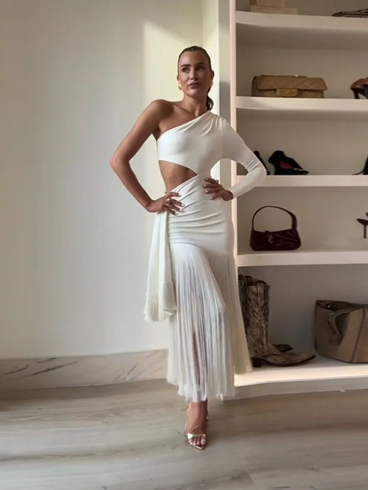 Vestido Ombro Só com Franjas Élan