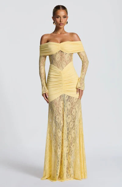 Vestido Longo Ombro a Ombro de Renda Pauline