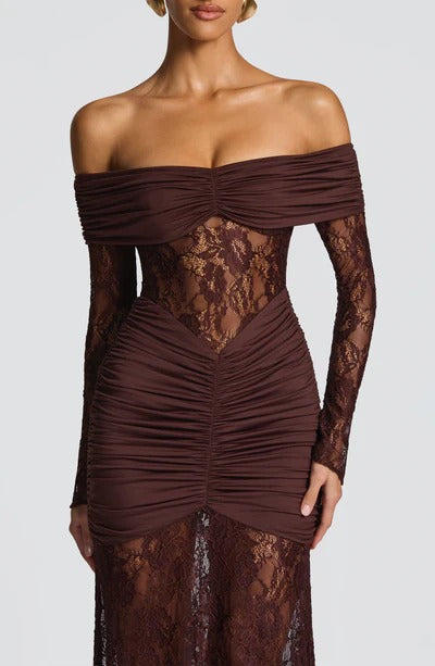 Vestido Longo Ombro a Ombro de Renda Pauline