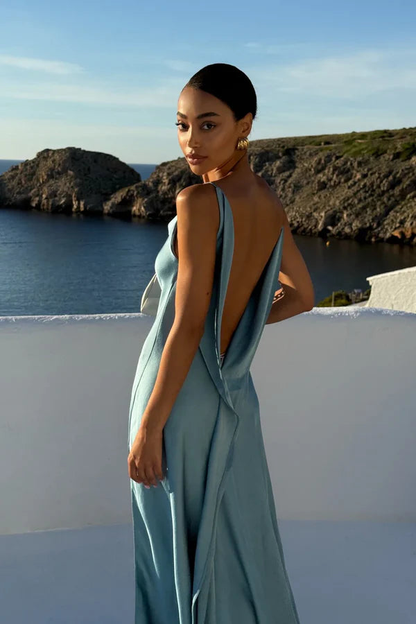 Vestido Longo Azul Acetinado Alça Fina Paloma