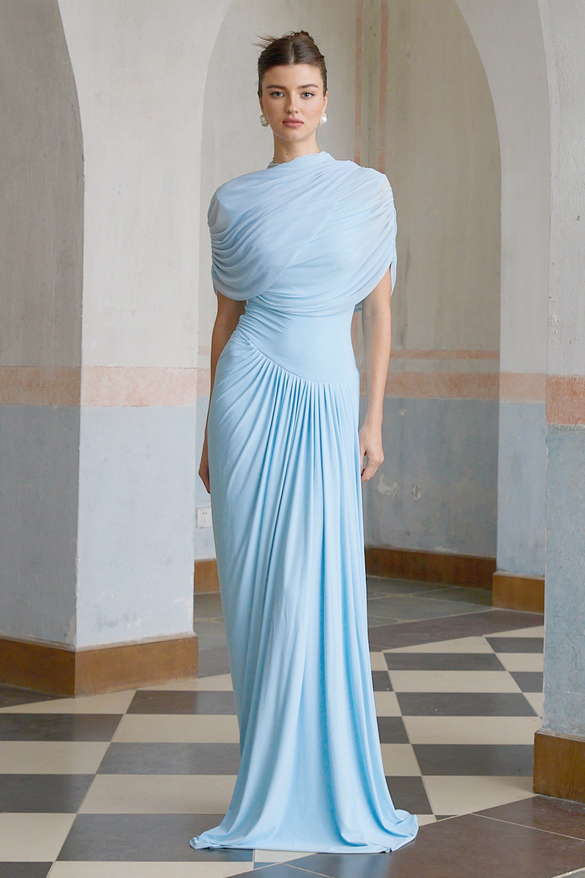 Vestido Longo Drapeado Assimétrico Catherine