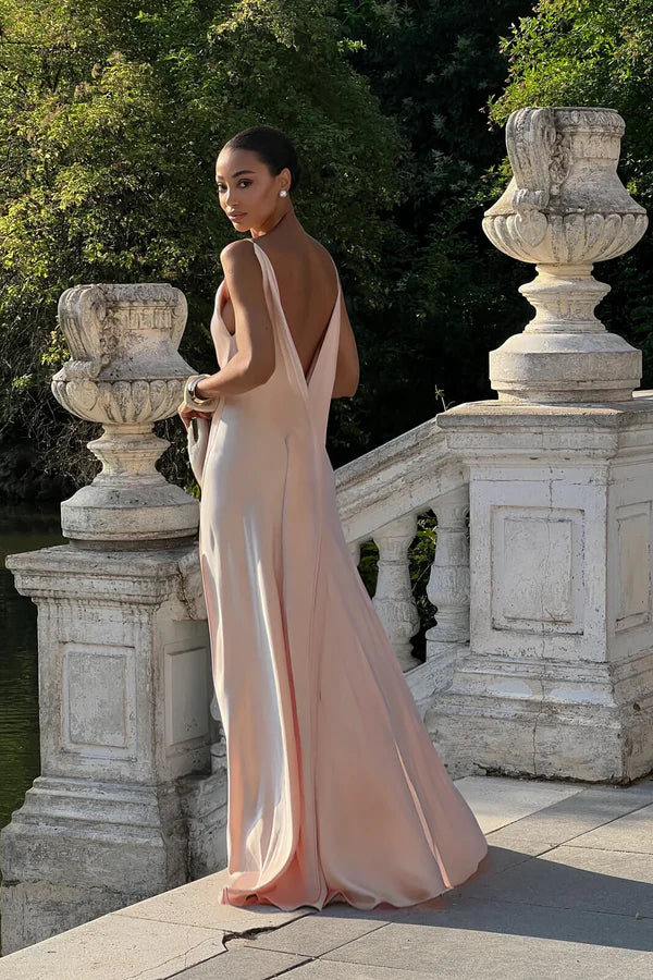 Vestido Longo Azul Acetinado Alça Fina Paloma