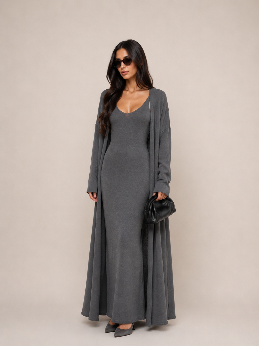 Vestido Tricot Longo com Cardigan Decote V Charlotte