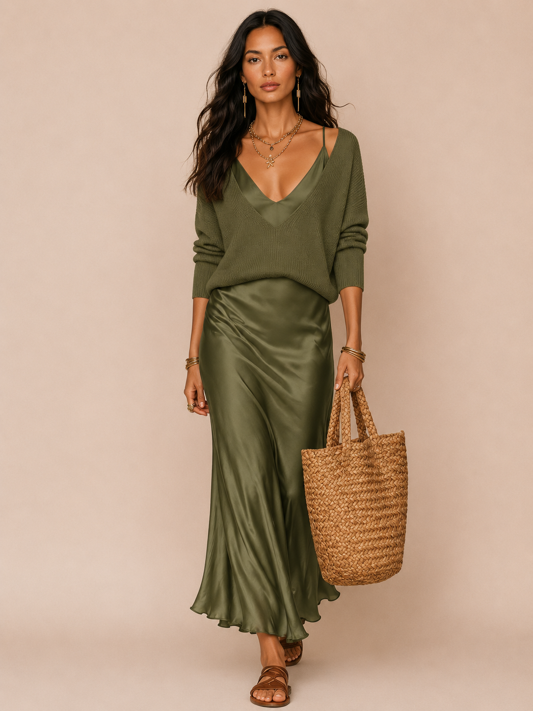 Vestido Midi Cetim Alça Fina com Suéter Decote V Julie