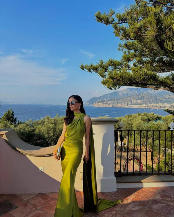 Vestido Longo Azul Acetinado Um Ombro Só Rebeca