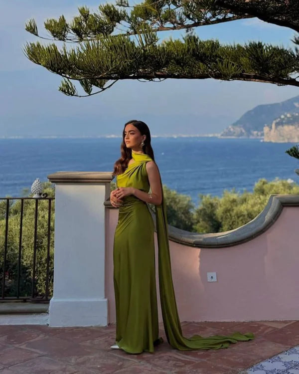 Vestido Longo Azul Acetinado Um Ombro Só Rebeca