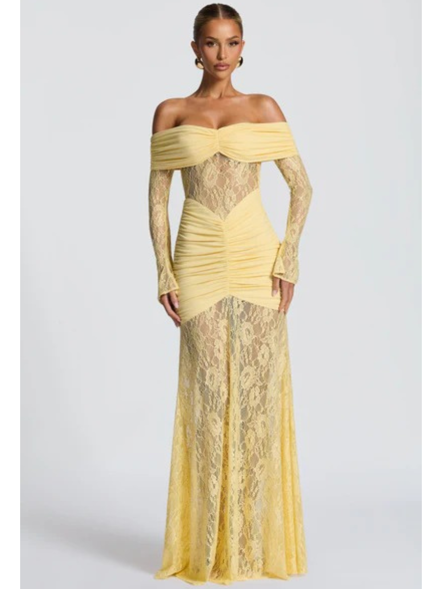 Vestido Longo Ombro a Ombro de Renda Pauline