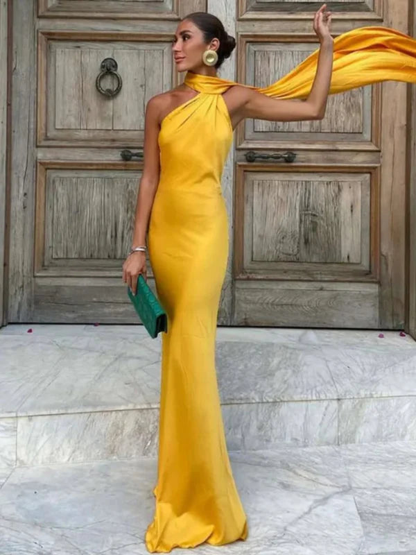 Vestido Longo Azul Acetinado Um Ombro Só Rebeca