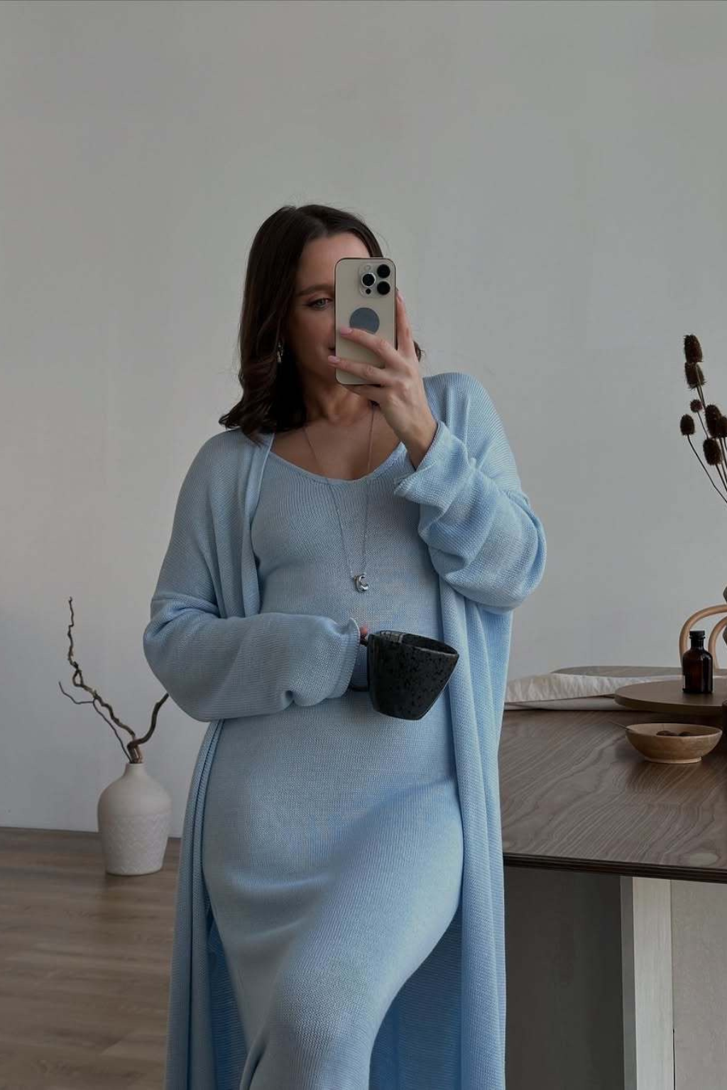 Vestido Tricot Longo com Cardigan Decote V Charlotte