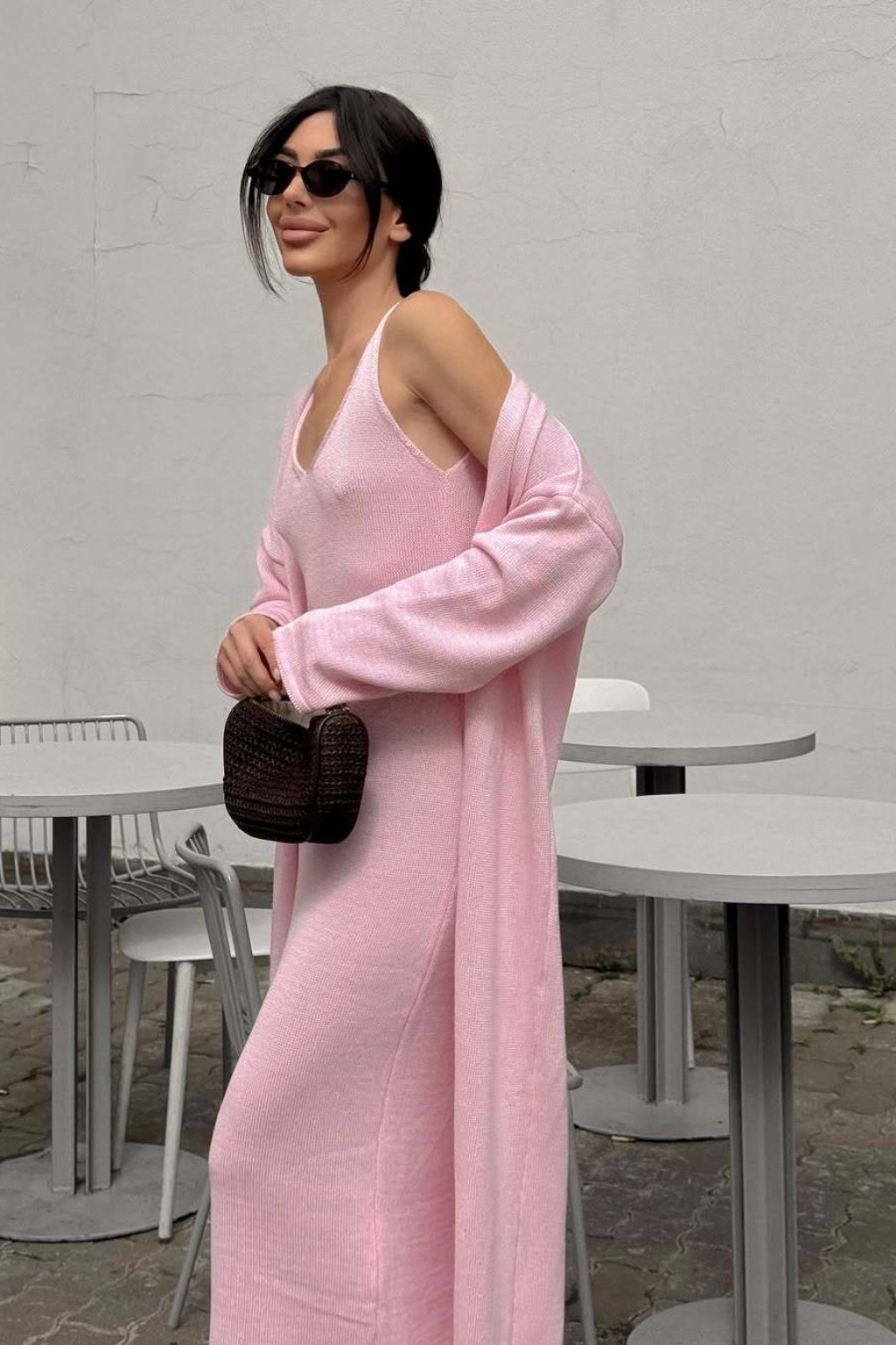 Vestido Tricot Longo com Cardigan Decote V Charlotte
