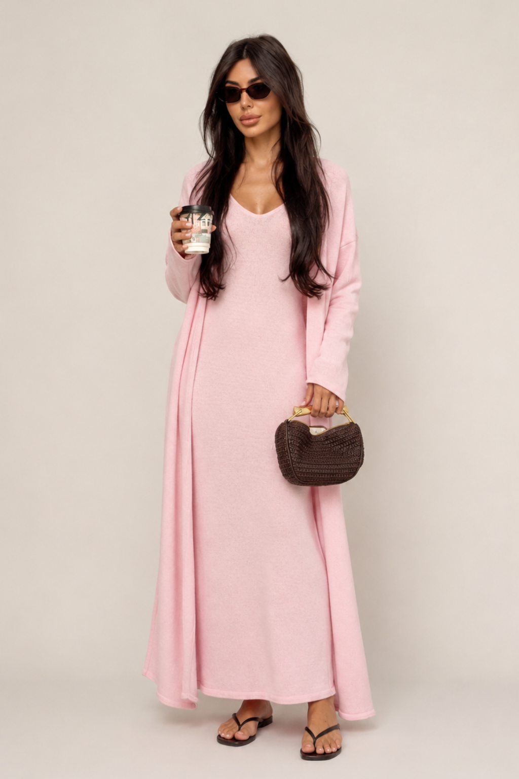 Vestido Tricot Longo com Cardigan Decote V Charlotte