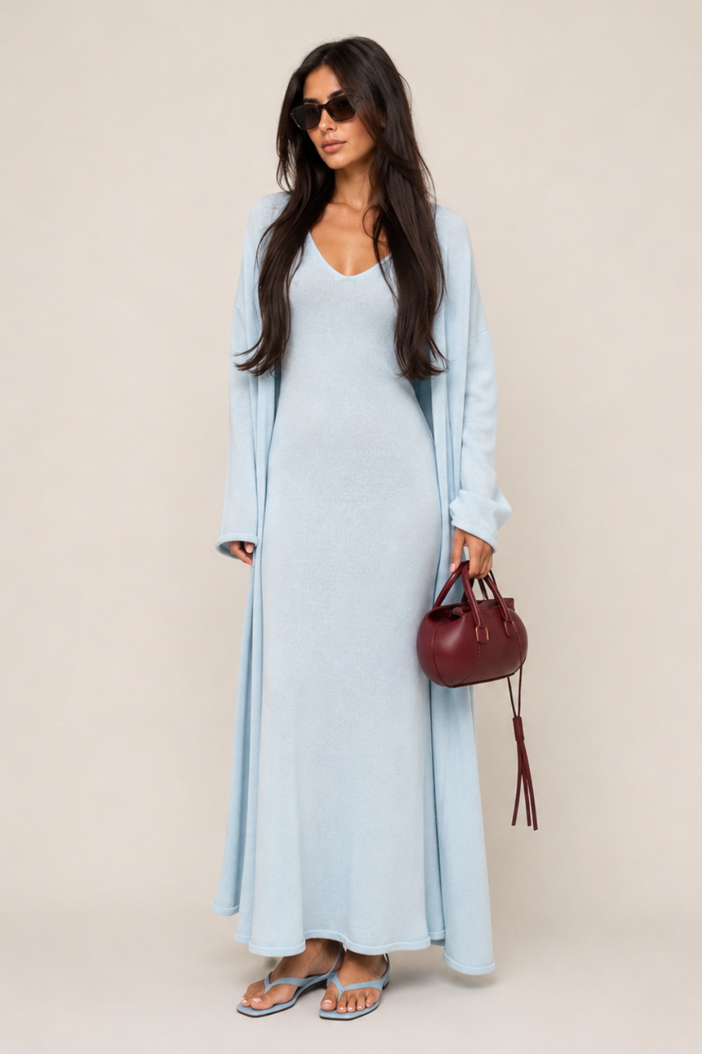 Vestido Tricot Longo com Cardigan Decote V Charlotte