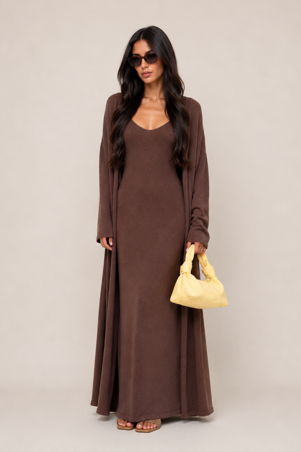 Vestido Tricot Longo com Cardigan Decote V Charlotte