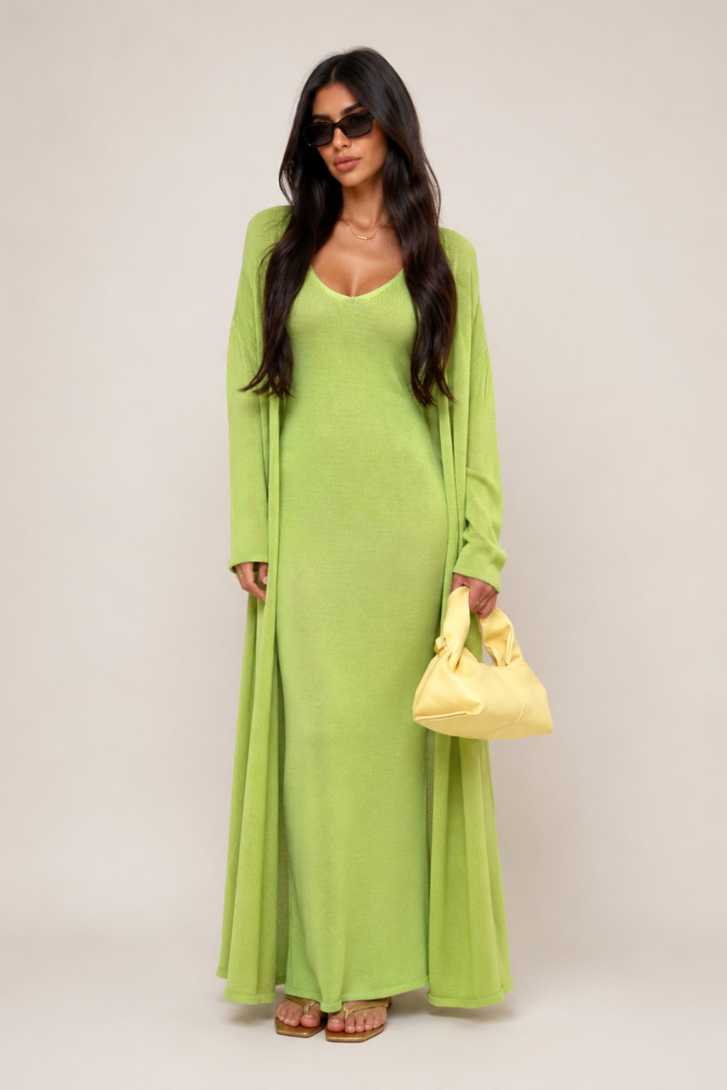 Vestido Tricot Longo com Cardigan Decote V Charlotte