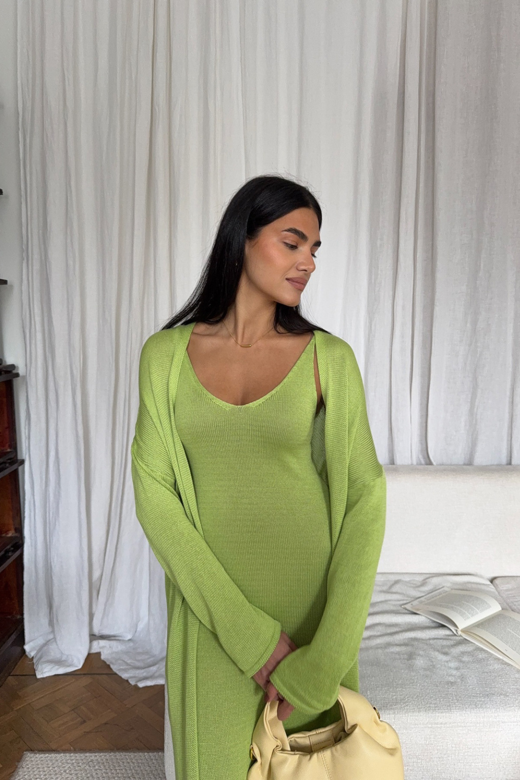 Vestido Tricot Longo com Cardigan Decote V Charlotte