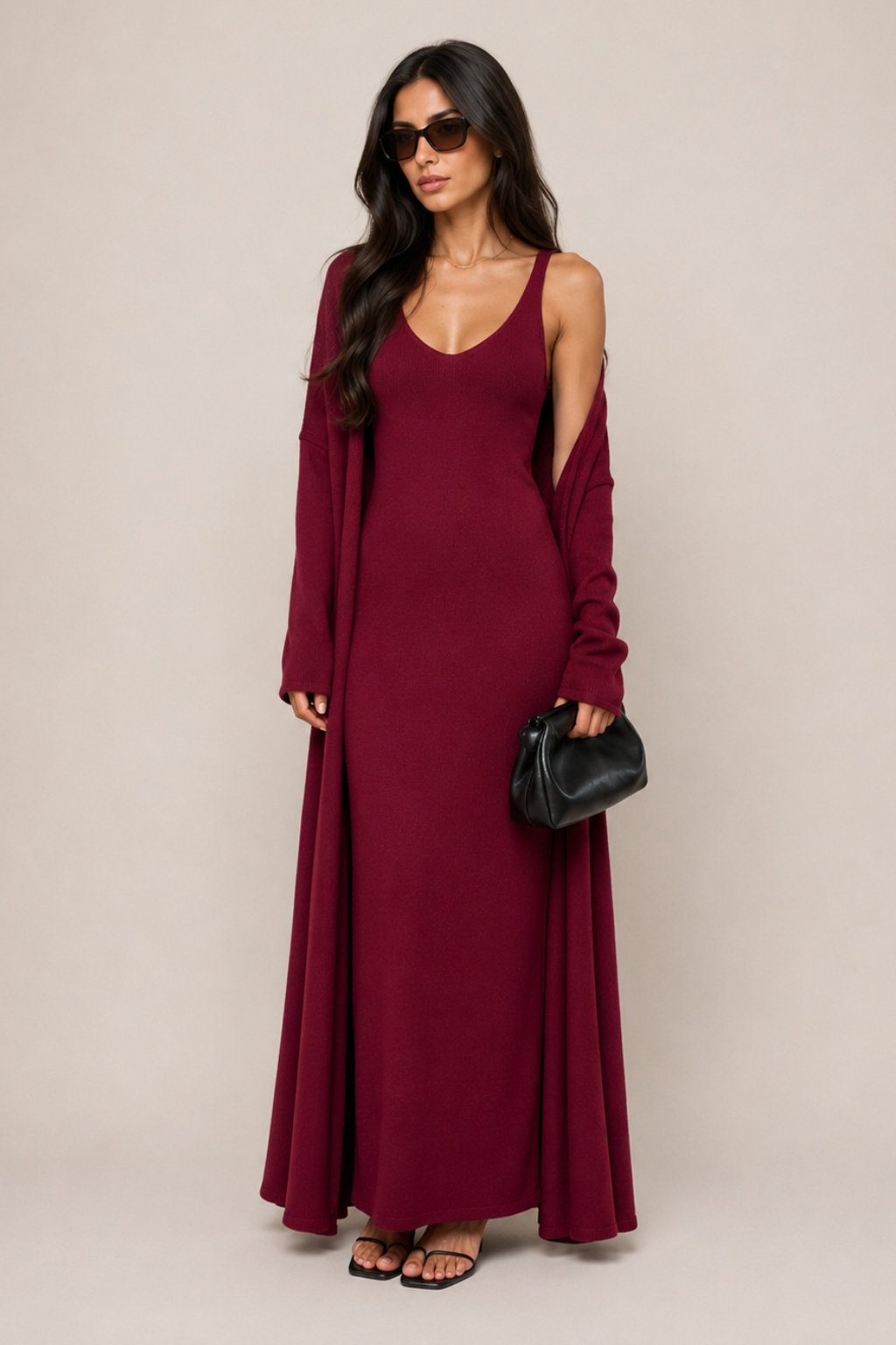 Vestido Tricot Longo com Cardigan Decote V Charlotte