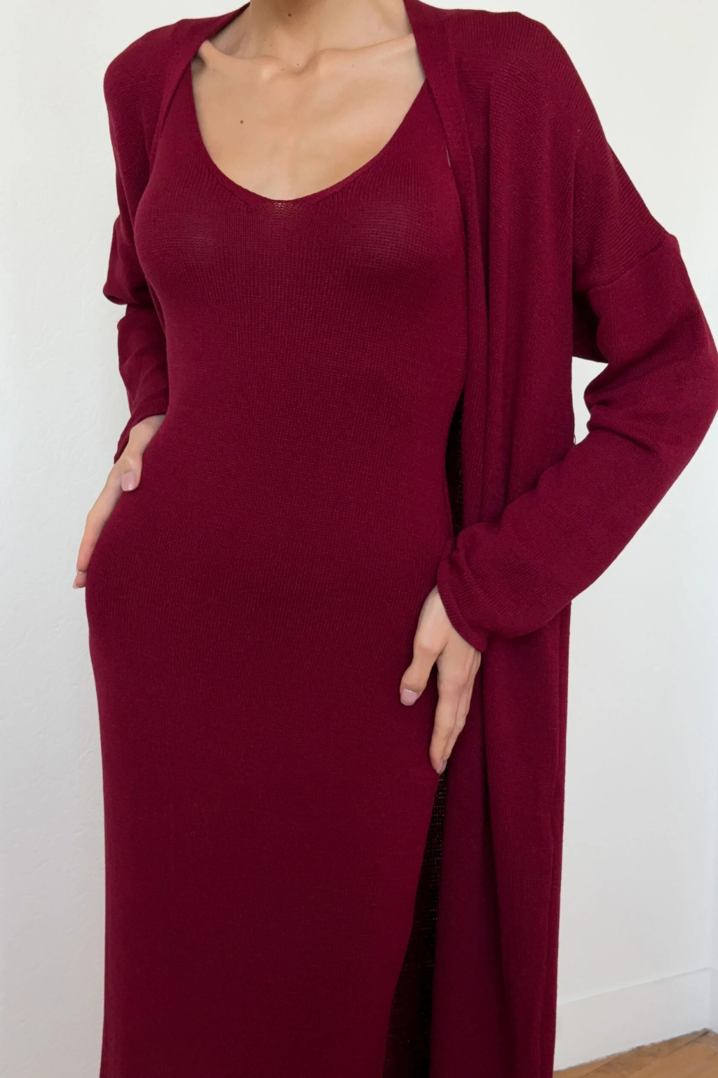 Vestido Tricot Longo com Cardigan Decote V Charlotte