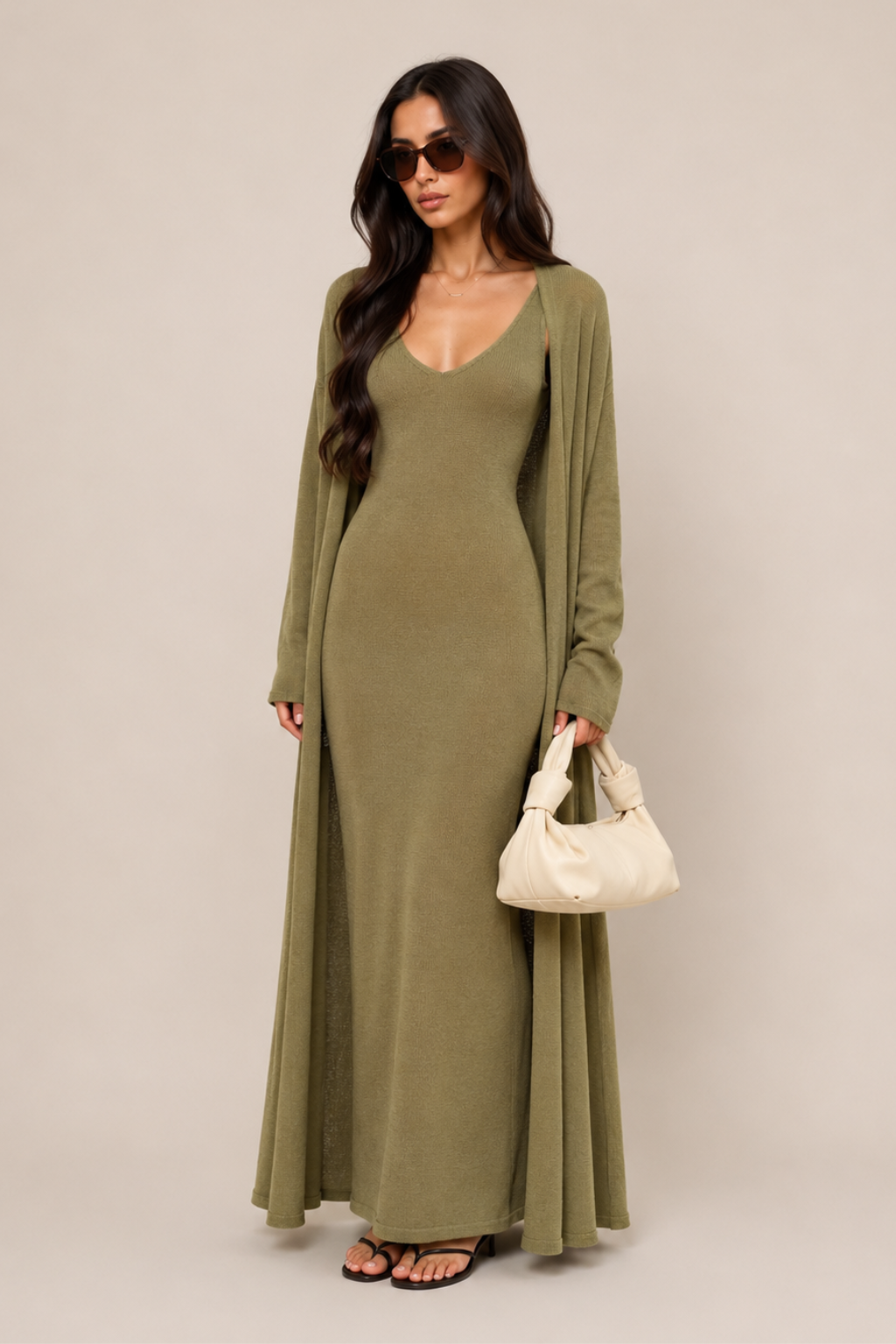 Vestido Tricot Longo com Cardigan Decote V Charlotte