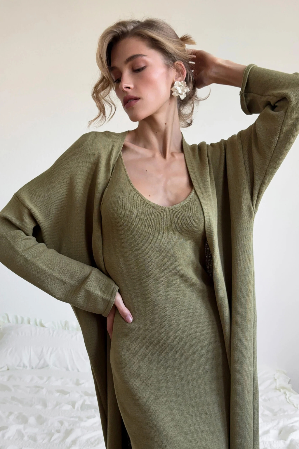 Vestido Tricot Longo com Cardigan Decote V Charlotte
