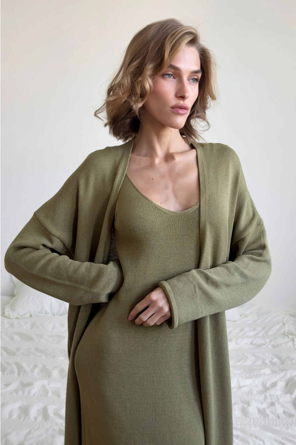 Vestido Tricot Longo com Cardigan Decote V Charlotte