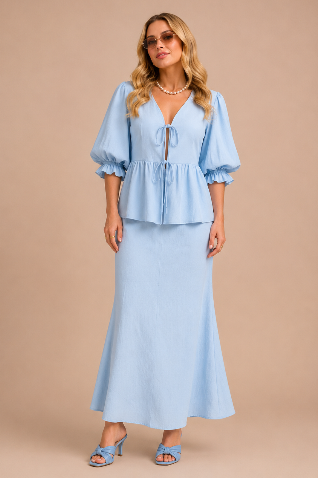 Conjunto Saia Longa e Blusa Amarração 100% Algodão Isabella