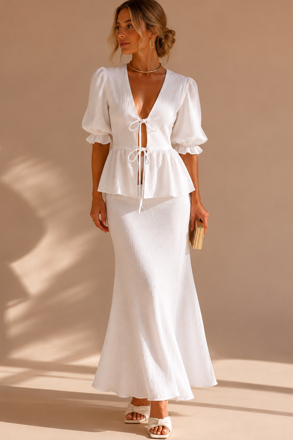 Conjunto Saia Longa e Blusa Amarração 100% Algodão Isabella