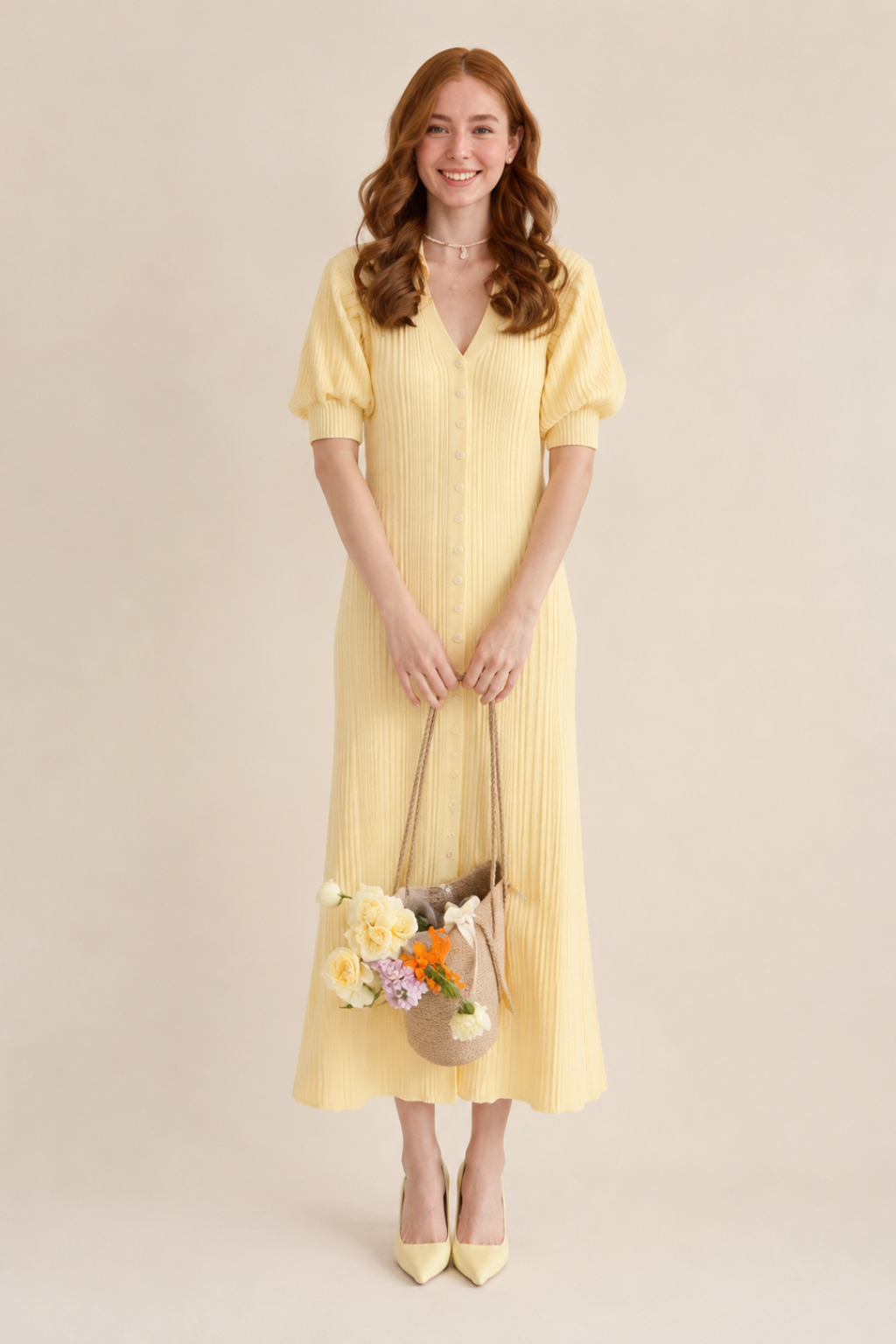 Vestido Midi Tricot Canelado Manga Princesa Amelia