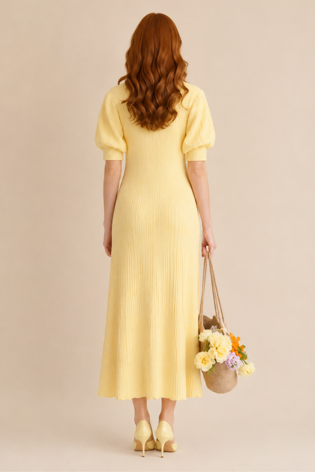 Vestido Midi Tricot Canelado Manga Princesa Amelia