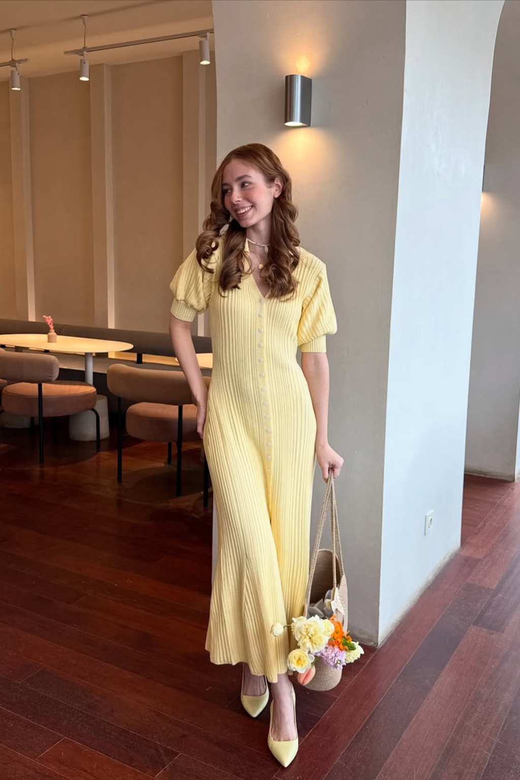 Vestido Midi Tricot Canelado Manga Princesa Amelia