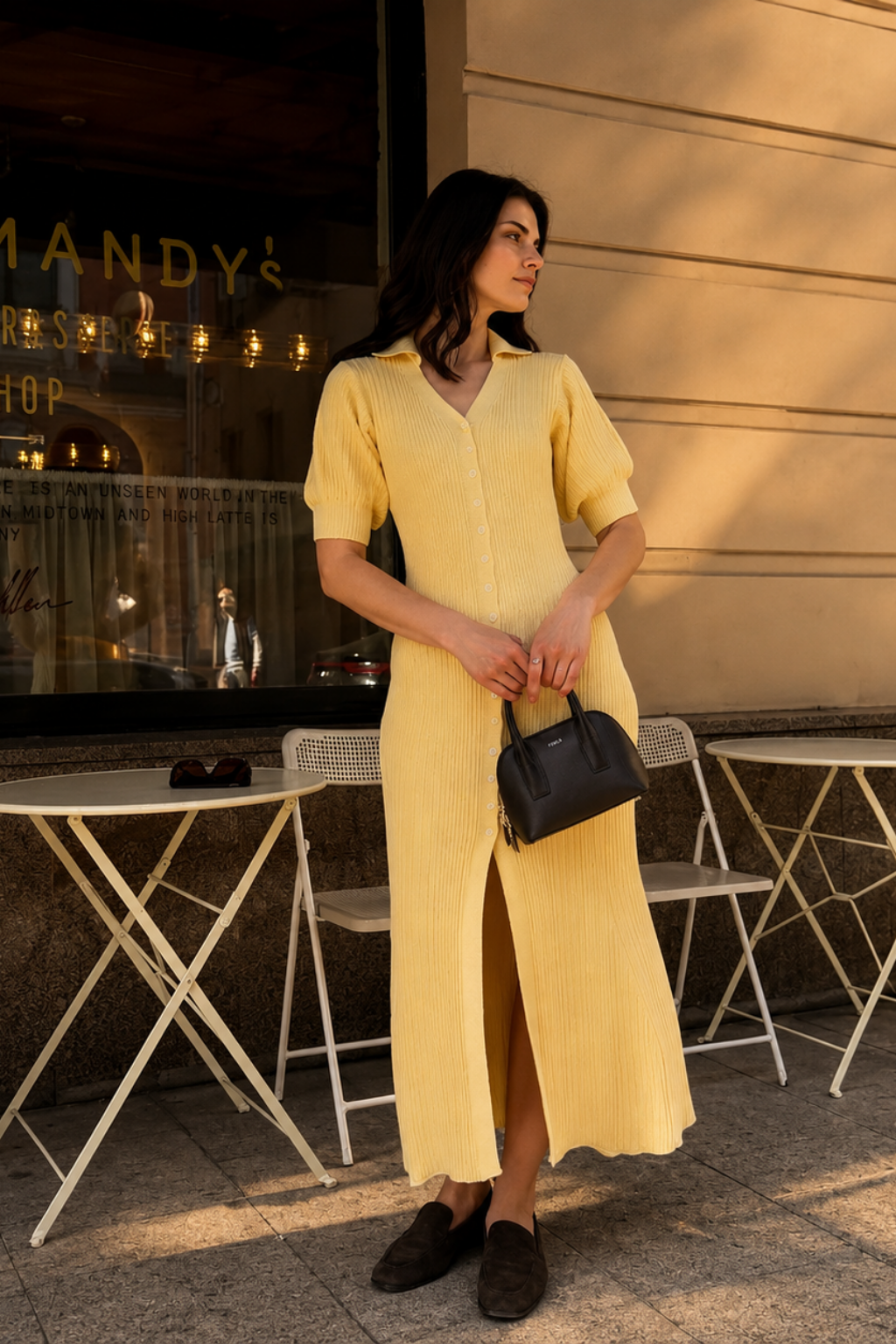 Vestido Midi Tricot Canelado Manga Princesa Amelia