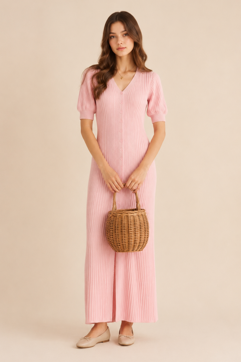 Vestido Midi Tricot Canelado Manga Princesa Amelia