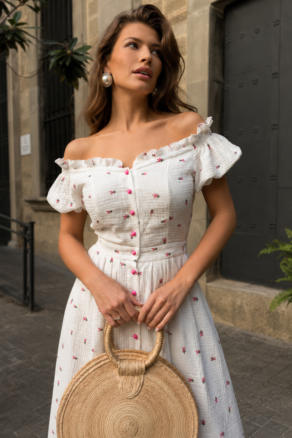 Vestido Midi Ombro a Ombro Estampado 100% Algodão Chloé