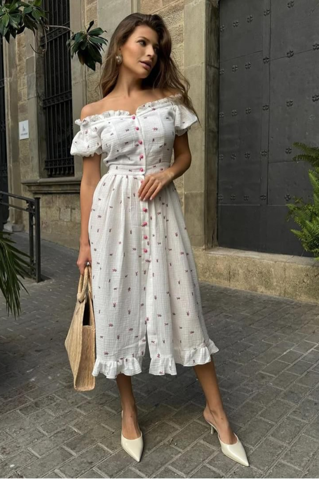 Vestido Midi Ombro a Ombro Estampado 100% Algodão Chloé
