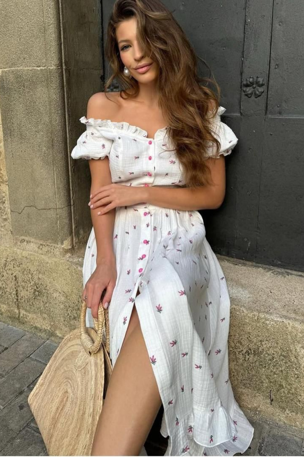 Vestido Midi Ombro a Ombro Estampado 100% Algodão Chloé
