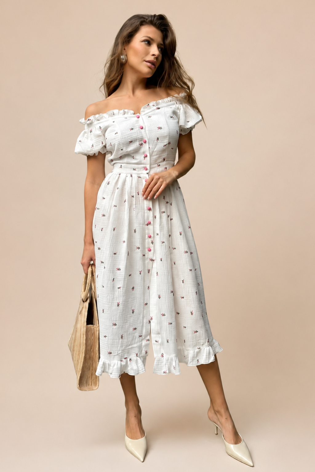 Vestido Midi Ombro a Ombro Estampado 100% Algodão Chloé