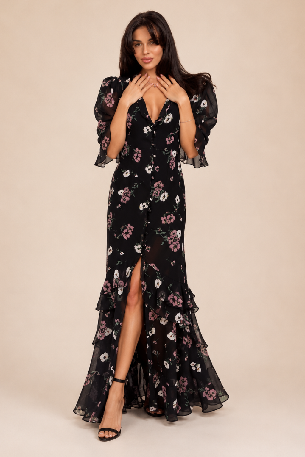 Vestido Longo Floral Manga Bufante Emma