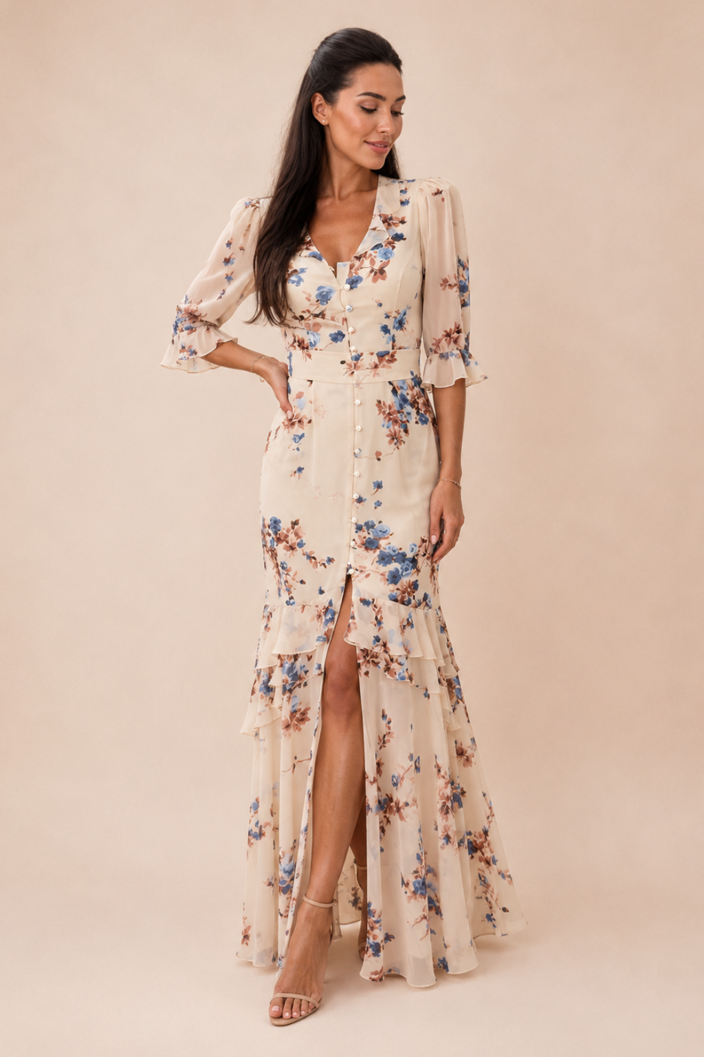 Vestido Longo Floral Manga Bufante Emma