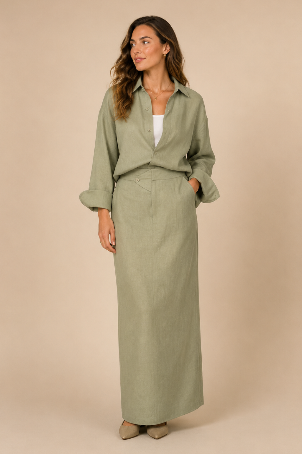 Conjunto Algodão e Linho Premium Camisa Oversized E Saia Maxi Leonor