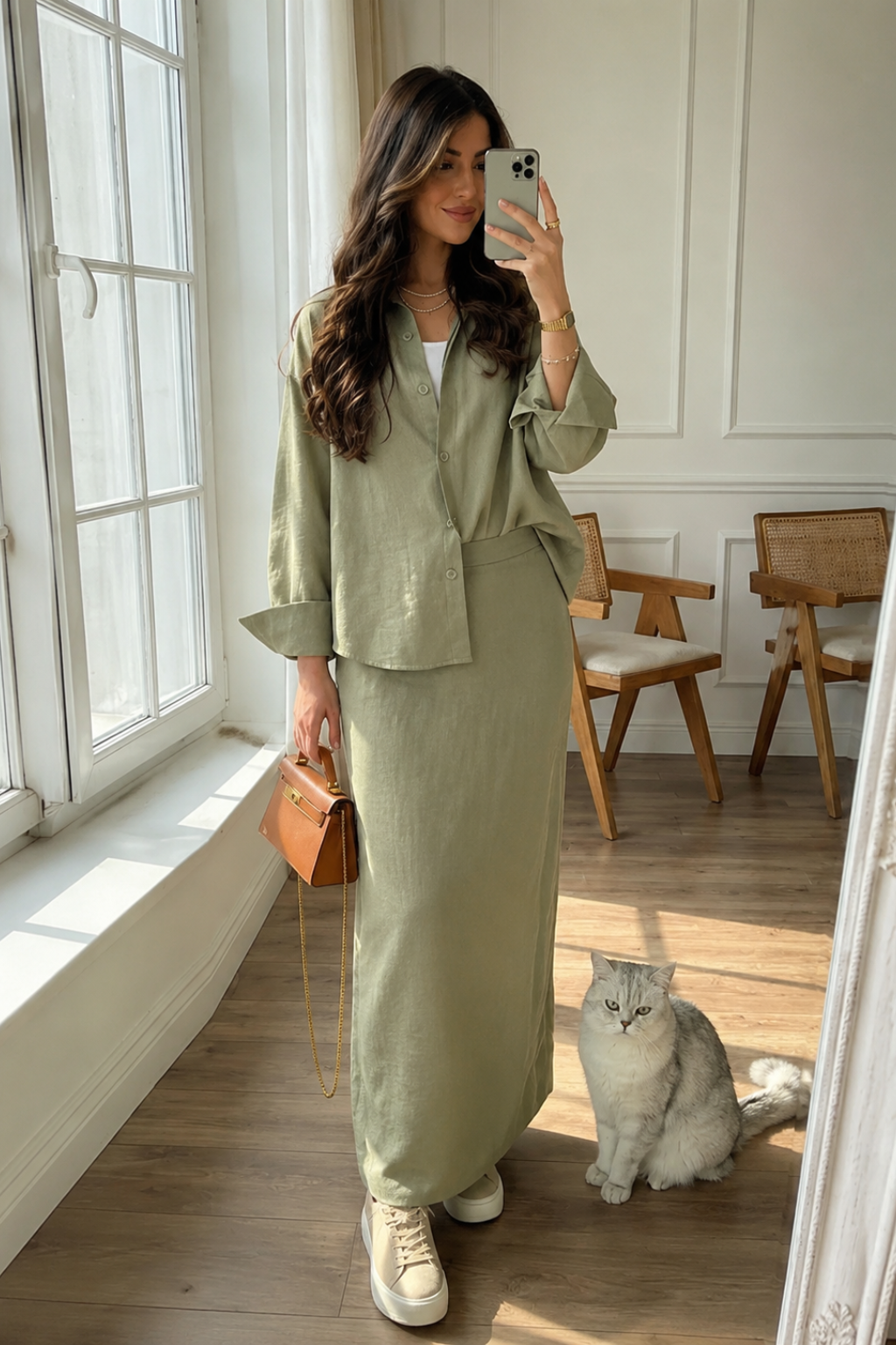 Conjunto Algodão e Linho Premium Camisa Oversized E Saia Maxi Leonor